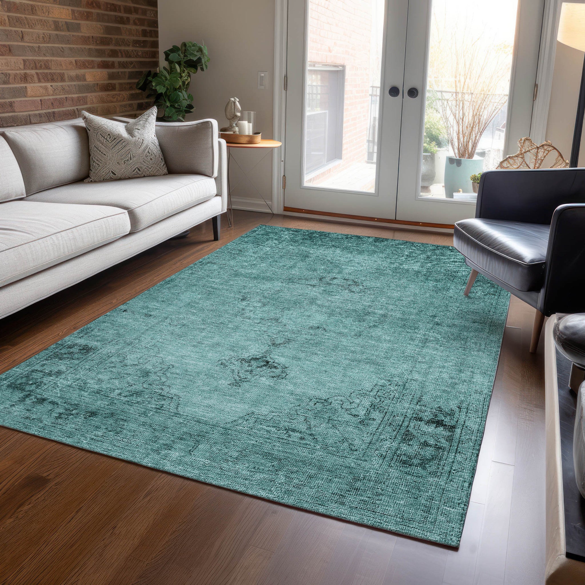 5' X 8' Teal Blue Turquoise And Charcoal Oriental Washable Indoor Outdoor Area Rug