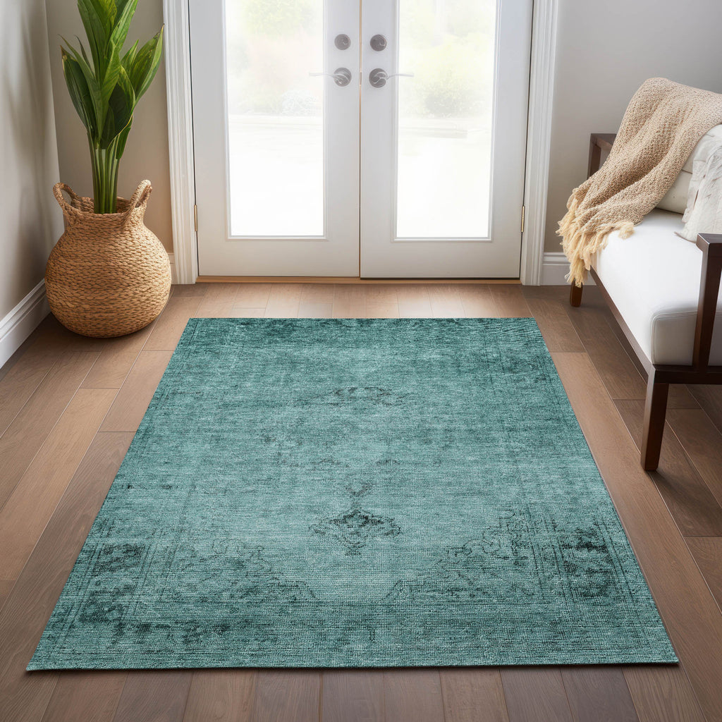 5' X 8' Teal Blue Turquoise And Charcoal Oriental Washable Indoor Outdoor Area Rug