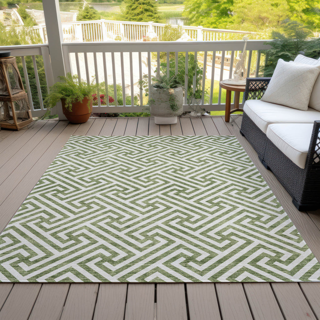 10' X 14' Green And Beige Geometric Washable Indoor Outdoor Area Rug