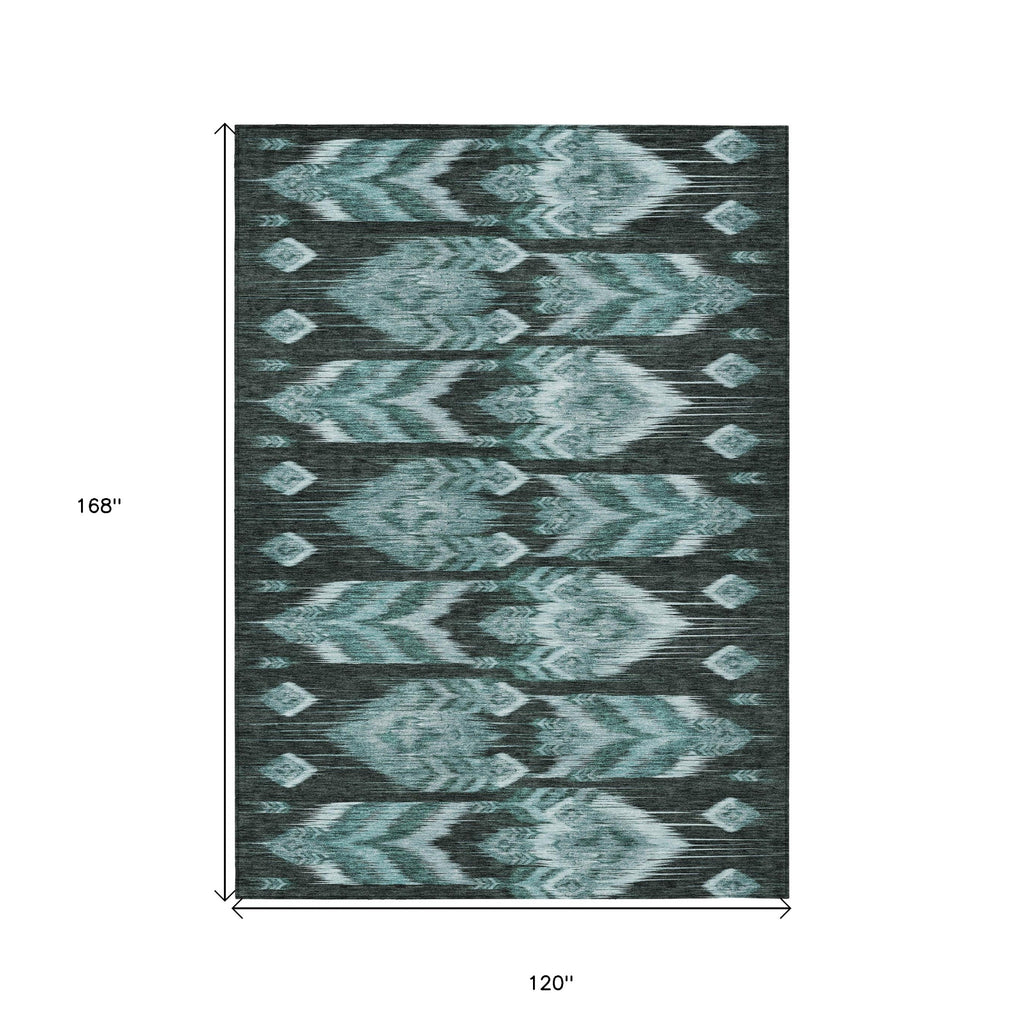 10' X 14' Teal Blue Aqua And Charcoal Southwestern Washable Indoor Outdoor Area Rug